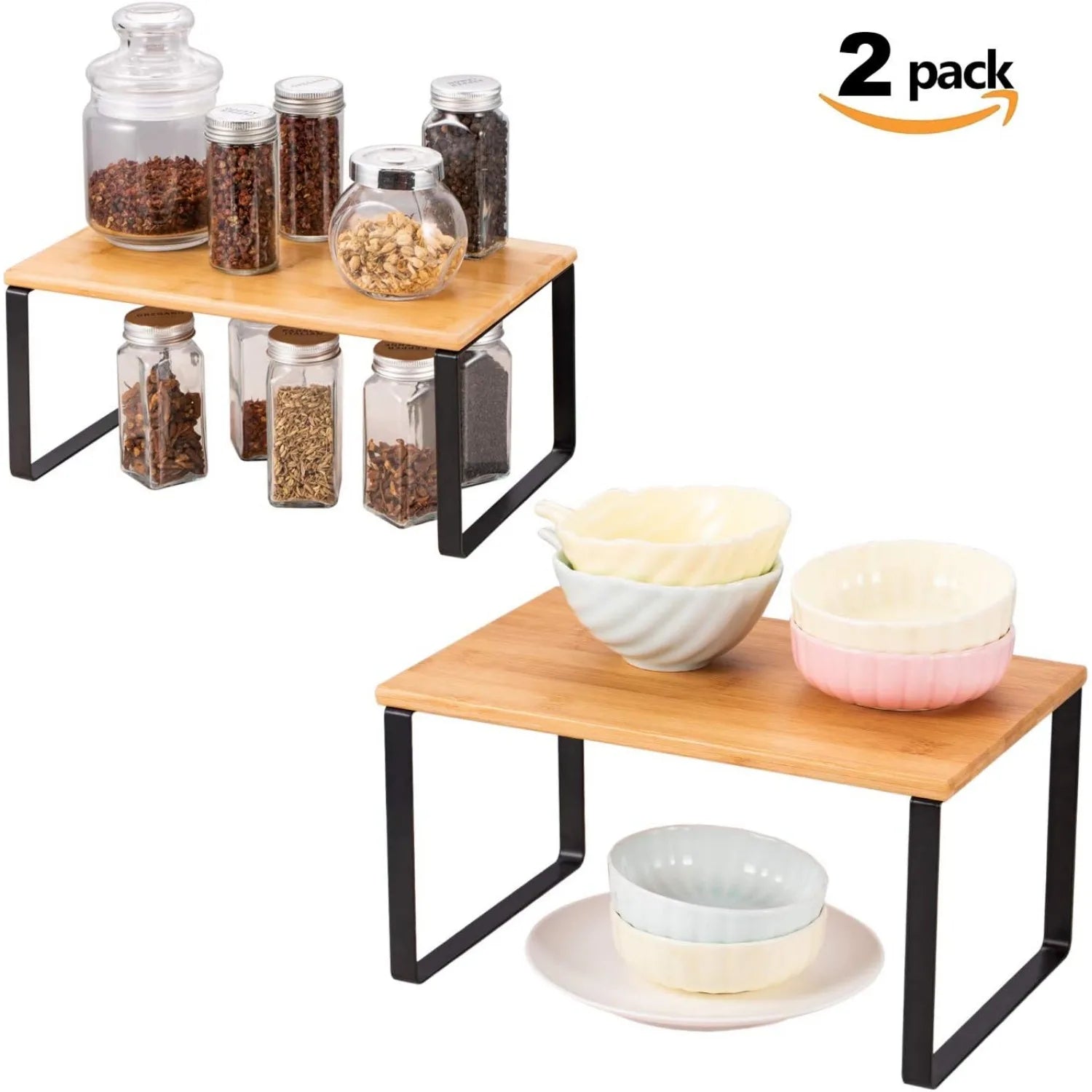 Set of 2 Stackable 2-Tier Bamboo & Metal Shelf Organizer – Space-Saving Kitchen, Pantry & Bathroom Rack