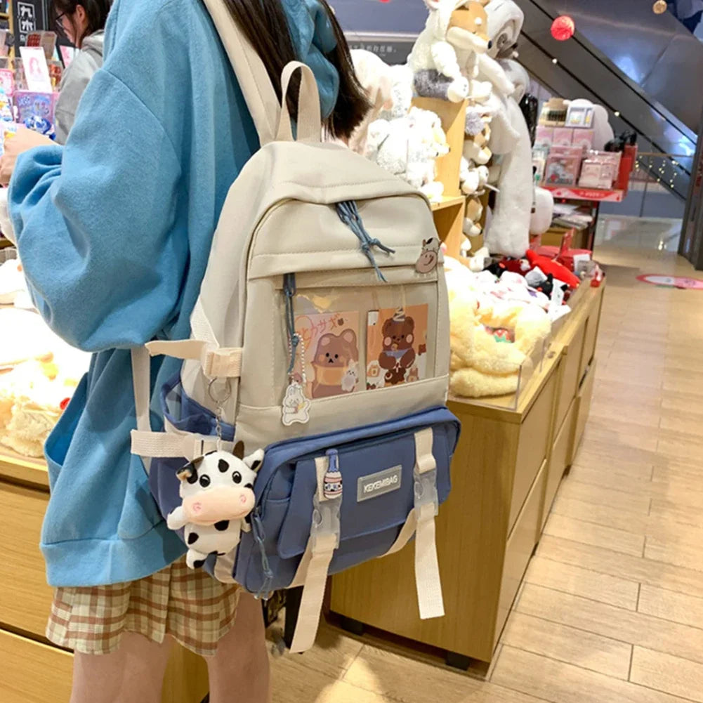 Preppy Style Contrast Color Canvas Backpack for Women – Student Knapsack with Decorative Pendant