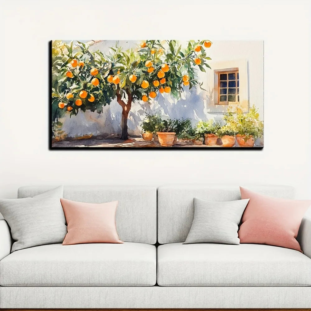 Vintage Orange Tree & Door Wall Art – Rustic Cottage Still Life Painting on Solid Pine Wood Frame