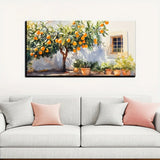 Vintage Orange Tree & Door Wall Art – Rustic Cottage Still Life Painting on Solid Pine Wood Frame