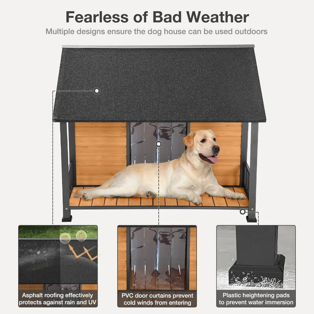Outdoor Weatherproof Dog House – Fir Wood & Iron Frame Shelter for Large Breeds (Easy Assembly)