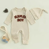 Letter-Embroidered Ribbed Long-Sleeve Baby Boy Bodysuit with Hat – Fall Outfit Jumper for 0-24 Months