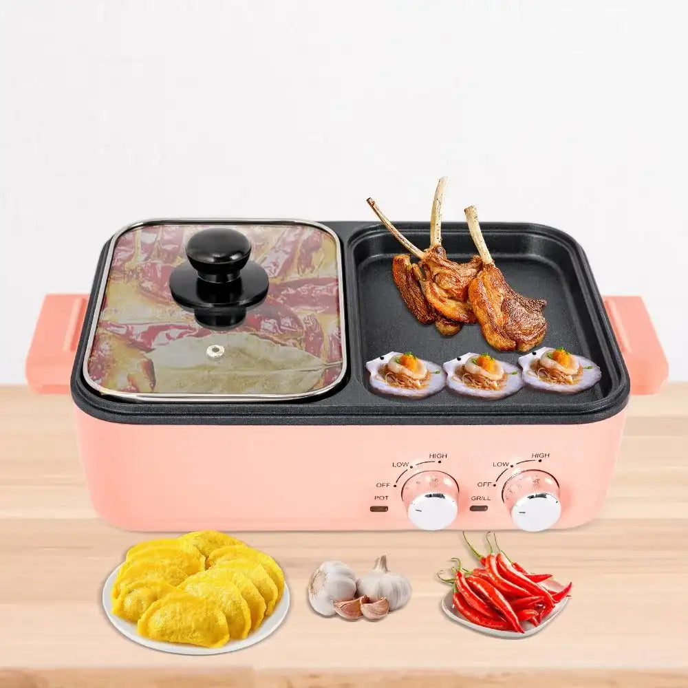 2‑in‑1 Electric Hot Pot & Grill Multifunction Nonstick: Pink Indoor Hot Pot with Grill, Dual Temperature Control