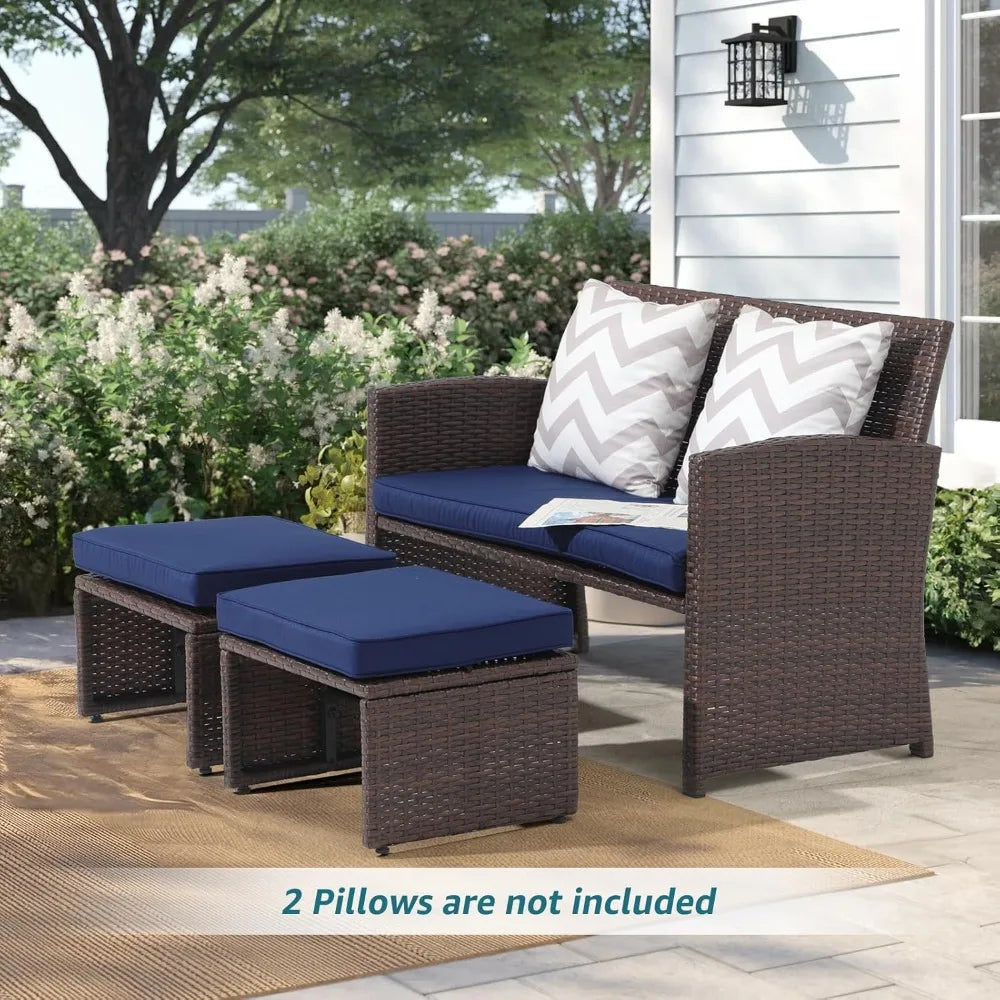 3-Piece All-Weather Wicker Outdoor Loveseat Set with Ottoman & Side Table