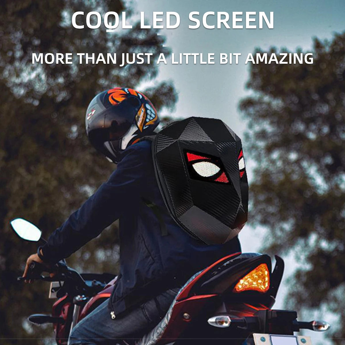 Motorcycle LED Hard Shell Backpack – Carbon Fiber Tech Riding Bag with DIY Display & Helmet Storage, Large Capacity