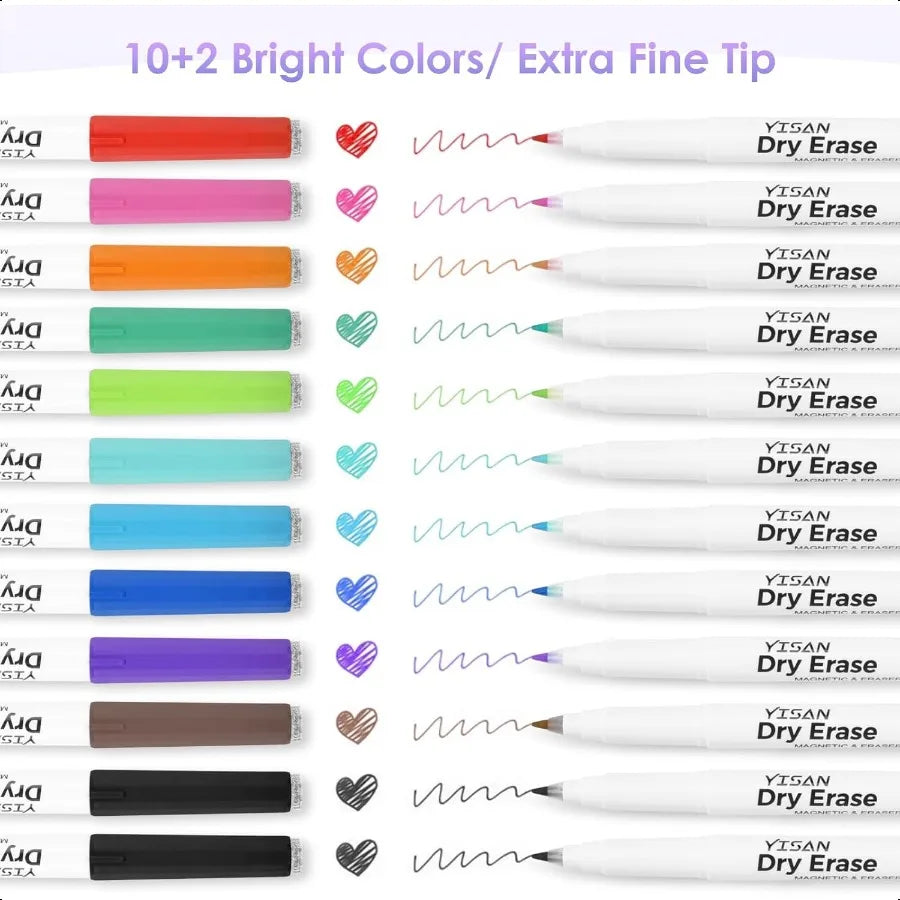 Ultra Fine Tip Dry Erase Markers – 12-Pack Magnetic Whiteboard Markers with Erasers (0.7mm) 🧲