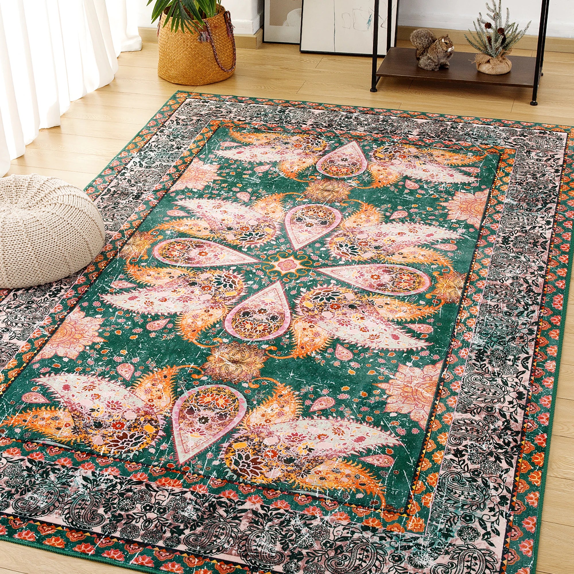 Vintage Floral Accent Area Rug – Soft Fluffy Large Carpet for Bedroom & Living Room Home Décor