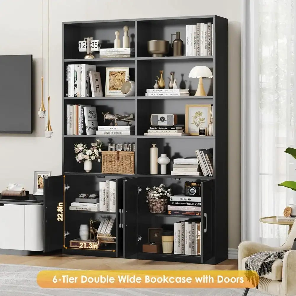 6-Tier Double-Wide Bookshelf & Bookcase with Doors – Large 73″ Tall Open Display Shelves + Storage Cabinets