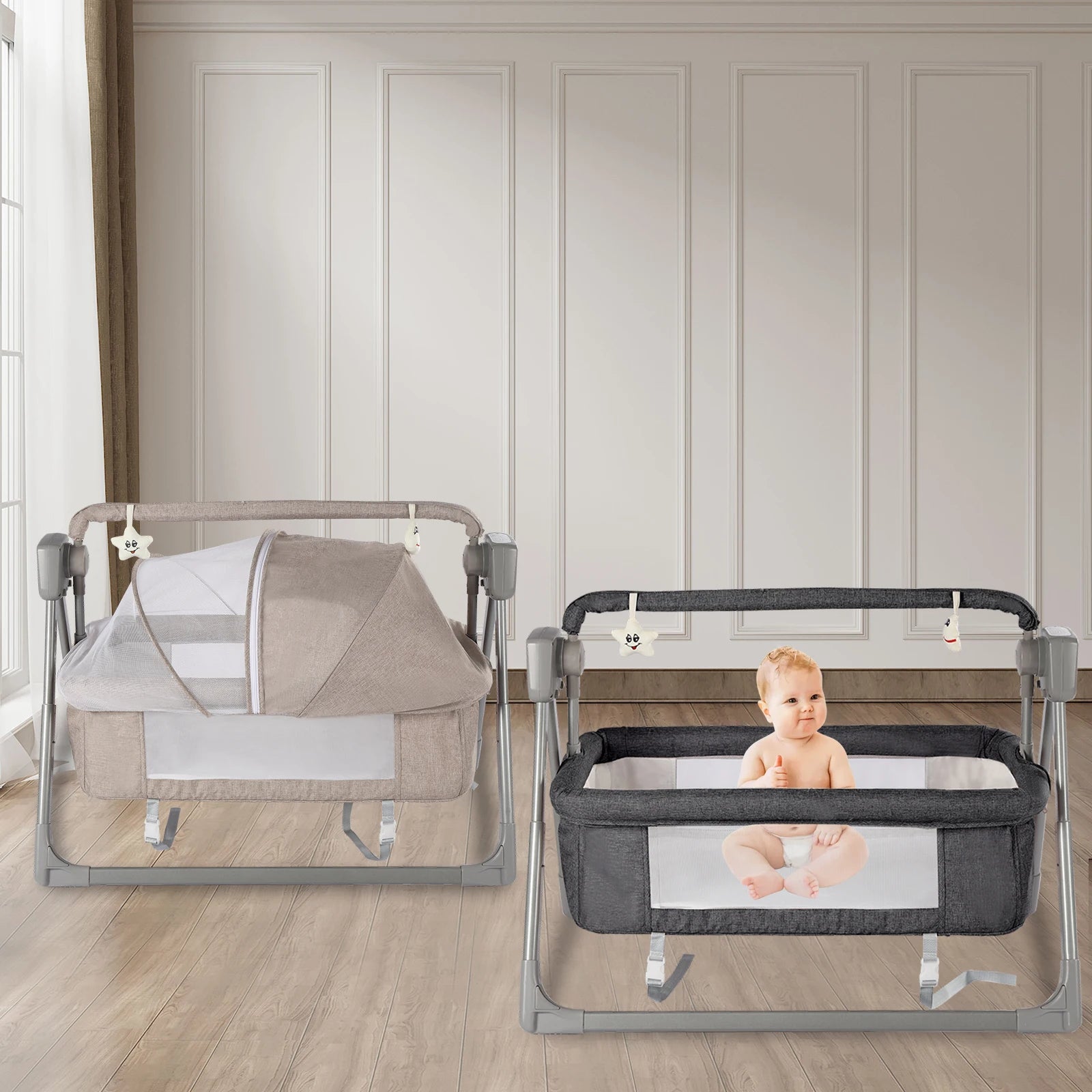 Elele Nova 3‑in‑1 Electric Cradle & Baby Swing Bed – Gray/Khaki Auto-Rocking Recliner Crib with Music, Remote & Soft Mattress