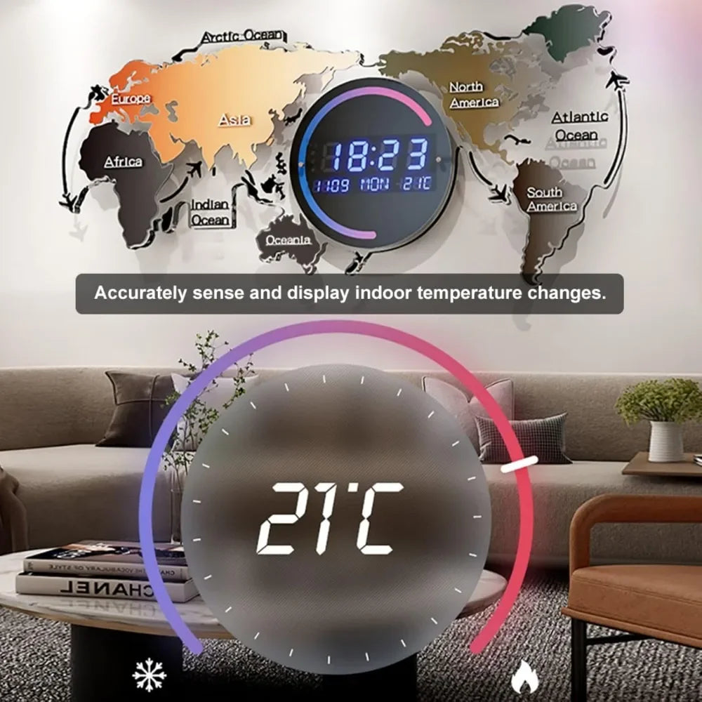 Modern LED Digital World Map Wall Clock – Large Acrylic Decorative Battery-Operated Clock for Living Room