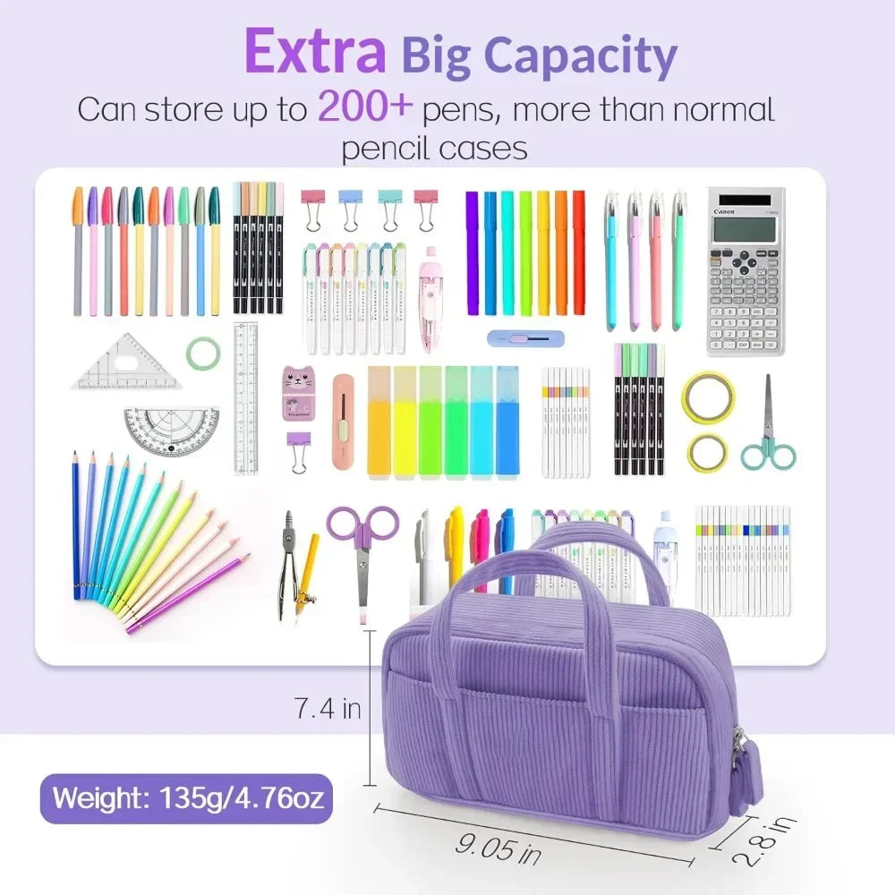 Large Soft Corduroy Zip Pencil Case – 6-Compartment Aesthetic Organizer (Purple)