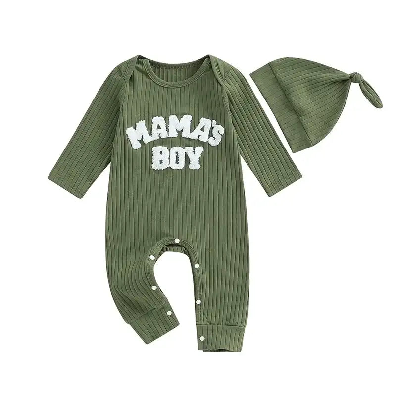 Letter-Embroidered Ribbed Long-Sleeve Baby Boy Bodysuit with Hat – Fall Outfit Jumper for 0-24 Months
