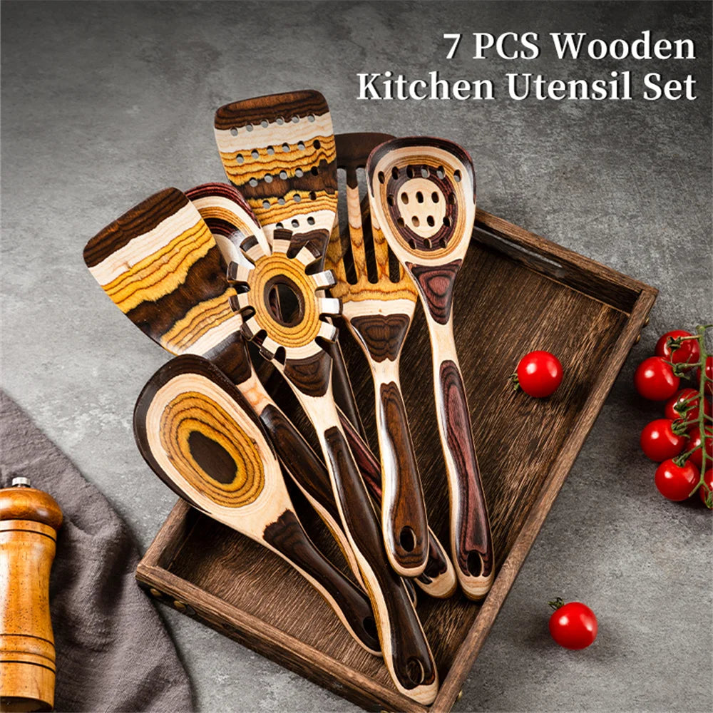 7-Piece Brown Pakkawood Utensils Set – Sturdy Eco-Friendly Wooden Spoons & Cooking Tools