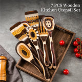 7-Piece Brown Pakkawood Utensils Set – Sturdy Eco-Friendly Wooden Spoons & Cooking Tools