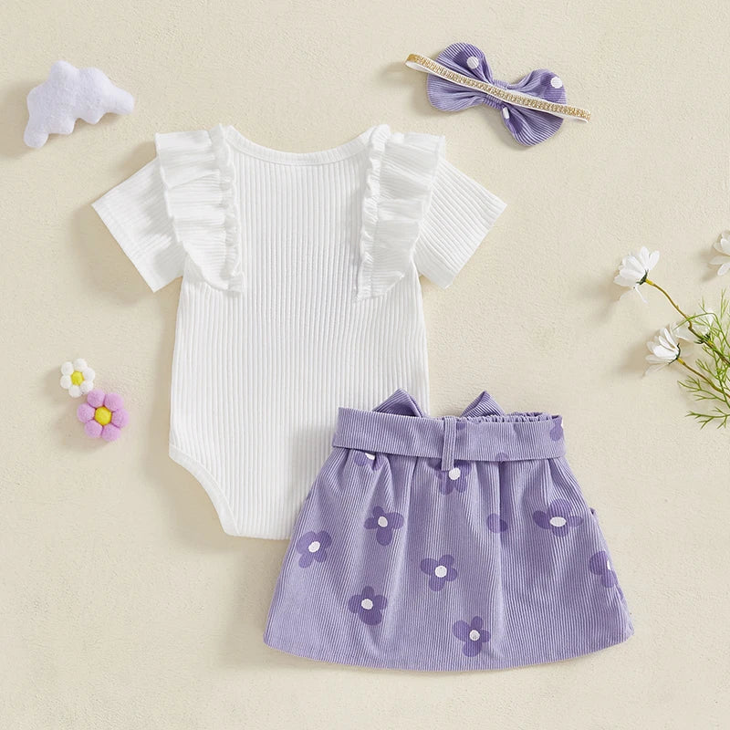 Baby Girl 3-Piece Summer Outfit – Floral Print Romper, Matching Skirt & Headband Set for Outings & Photoshoots