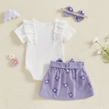 Baby Girl 3-Piece Summer Outfit – Floral Print Romper, Matching Skirt & Headband Set for Outings & Photoshoots