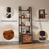 5-Tier Ladder Shelf, Ladder Bookshelf with Removable Drawer, Rustic Bookcase Storage Rack Organizer, Wood Metal Freestanding - PulinGO