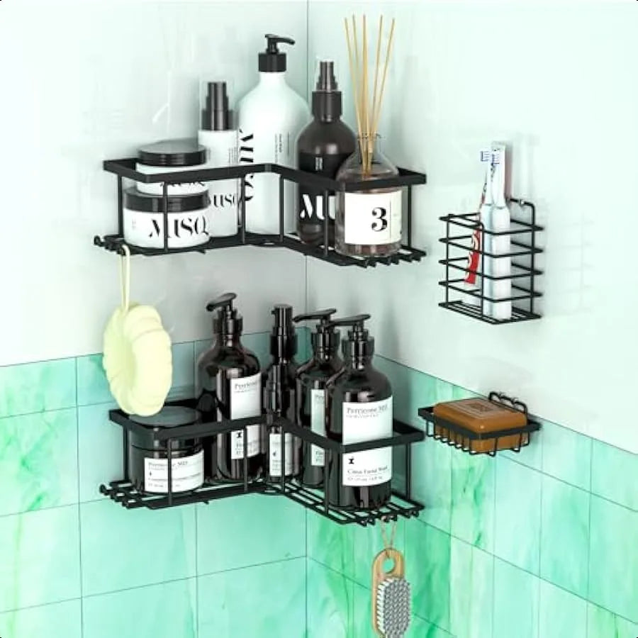 Corner Shower Caddy 4-Pack Adhesive Rack Set – Rust-Resistant Wall Mounted Storage for Bathroom & Kitchen