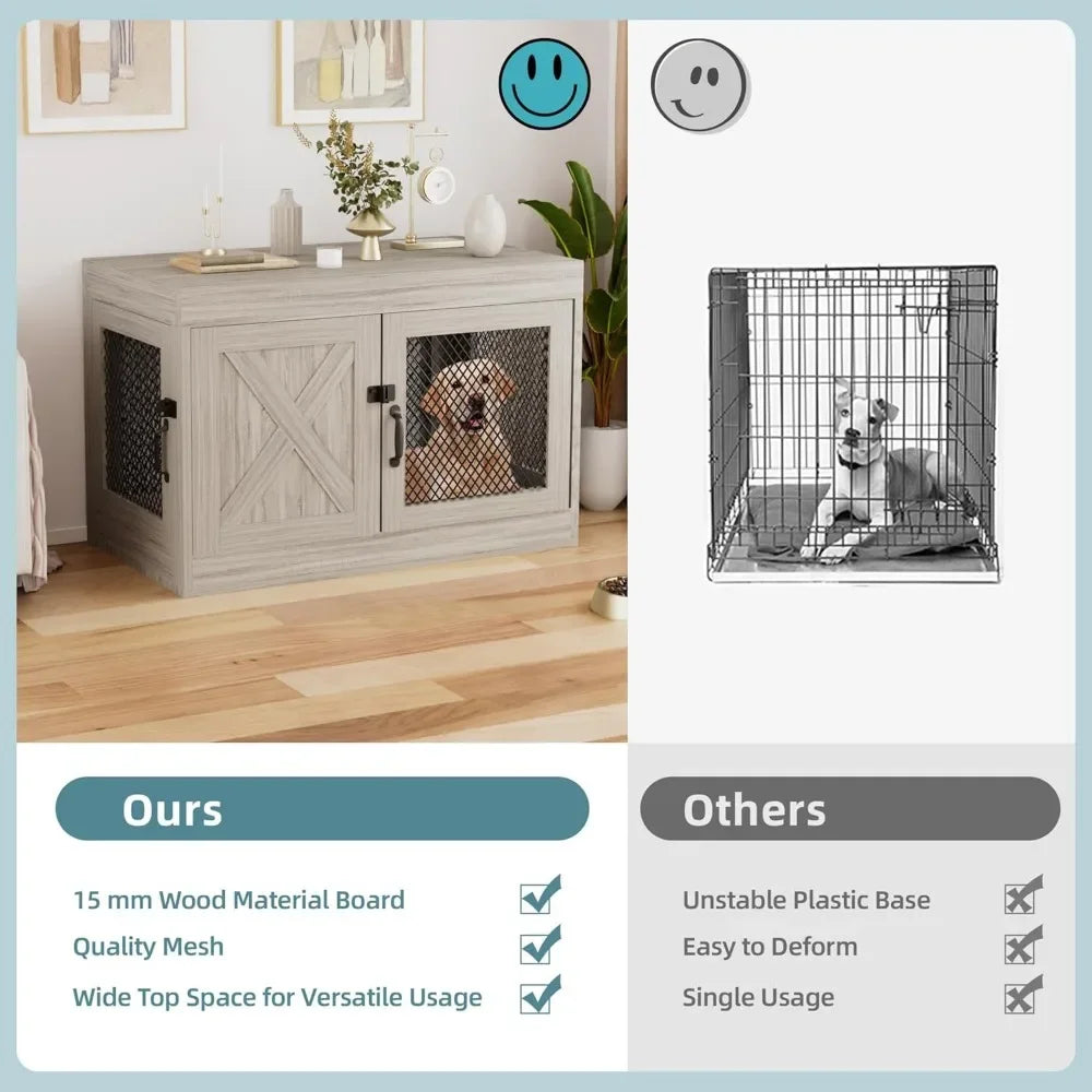 Corner Wooden Dog Crate Furniture – 36" Indoor Kennel with Double Doors & Mesh Cage for Small & Medium Dogs