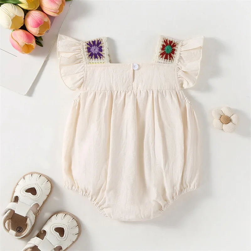 Lioraitiin Baby Girl Summer Romper – Newborn Fly Sleeve Bodysuit with Square Neck & Crochet Flower Design Playsuit