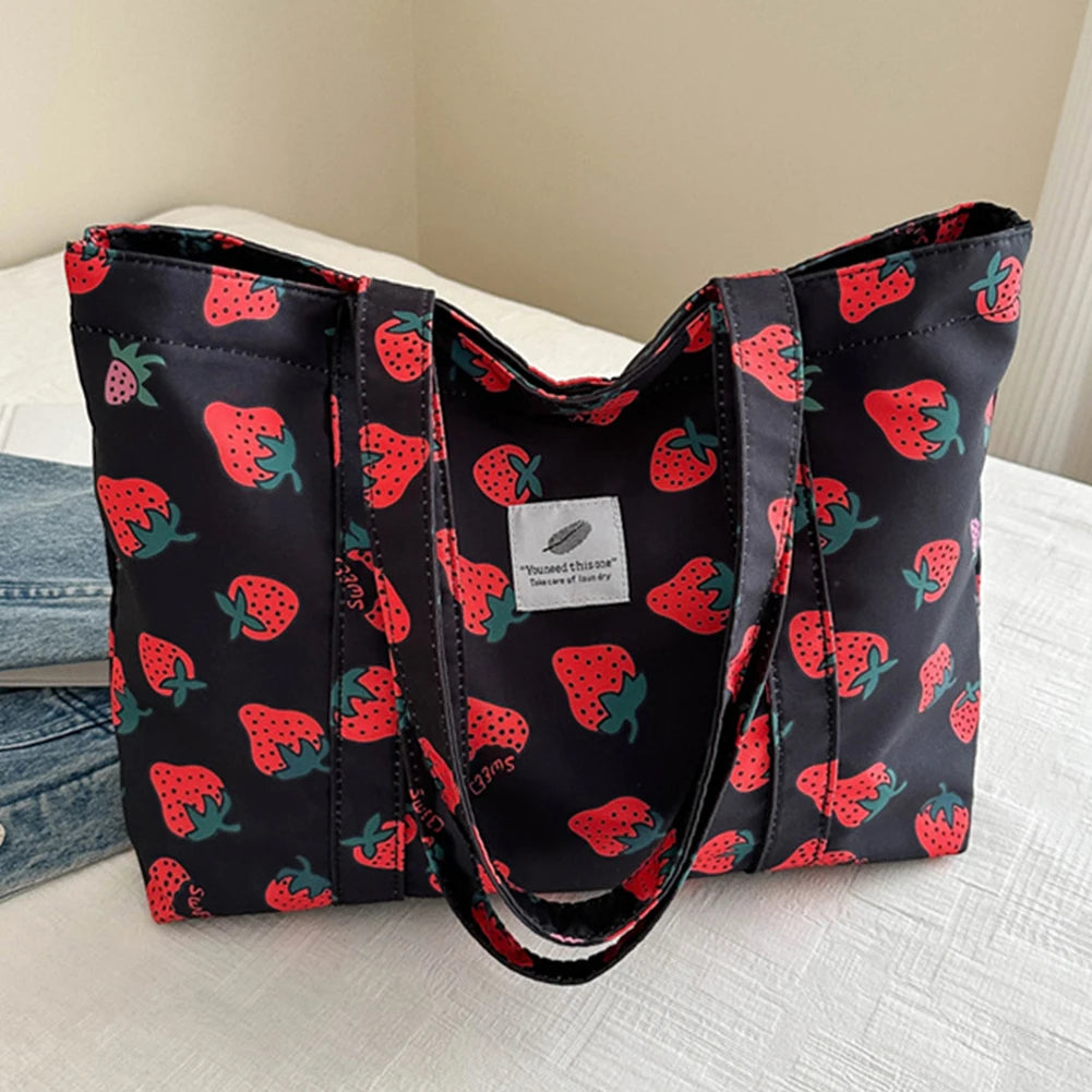 Cherry & Strawberry Print Large Capacity Canvas Tote – Nylon Top-Handle Shoulder Bag