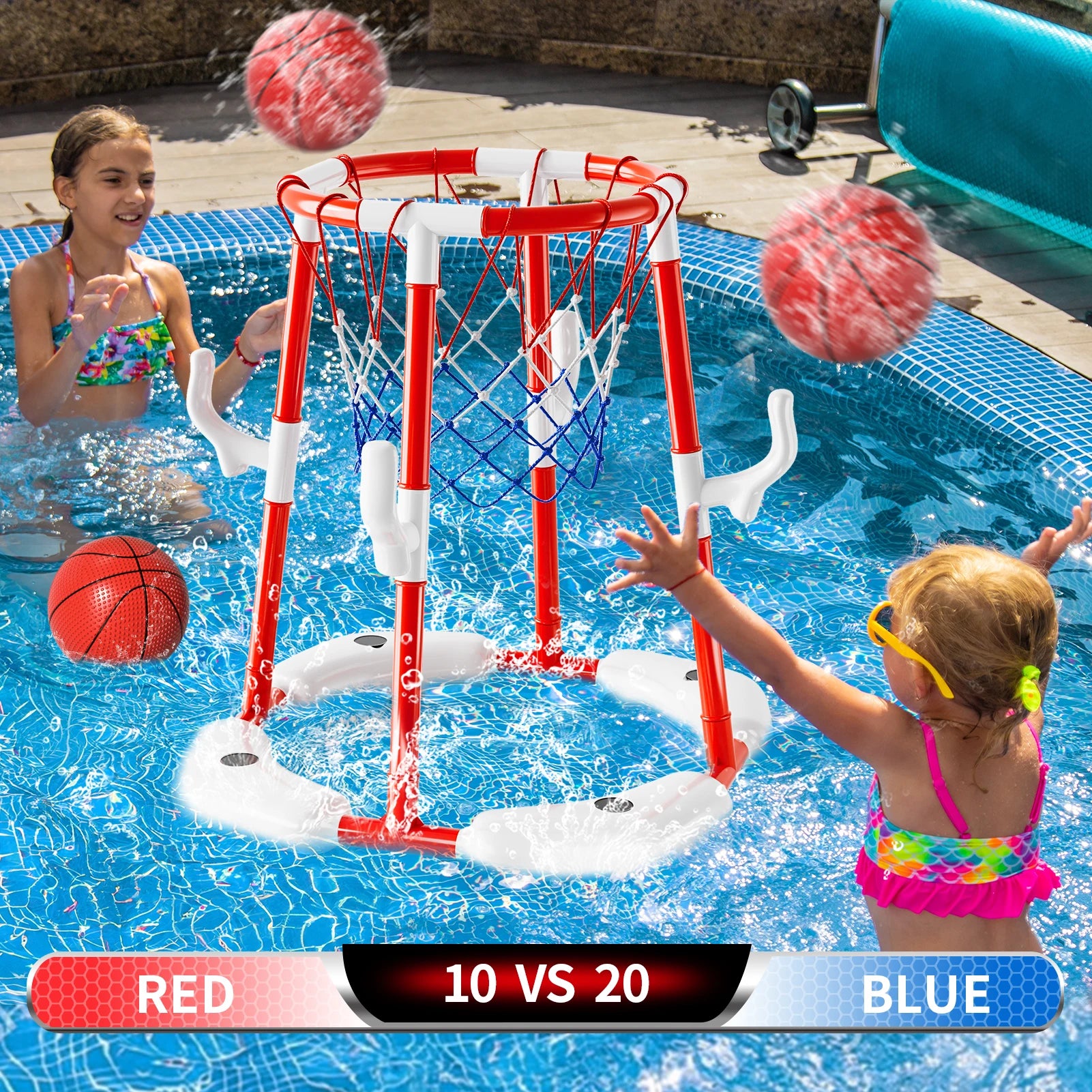 Summer Pool Basketball Hoop Toys – Floating Basketball Game with 4 Balls for Outdoor & Indoor Water Play