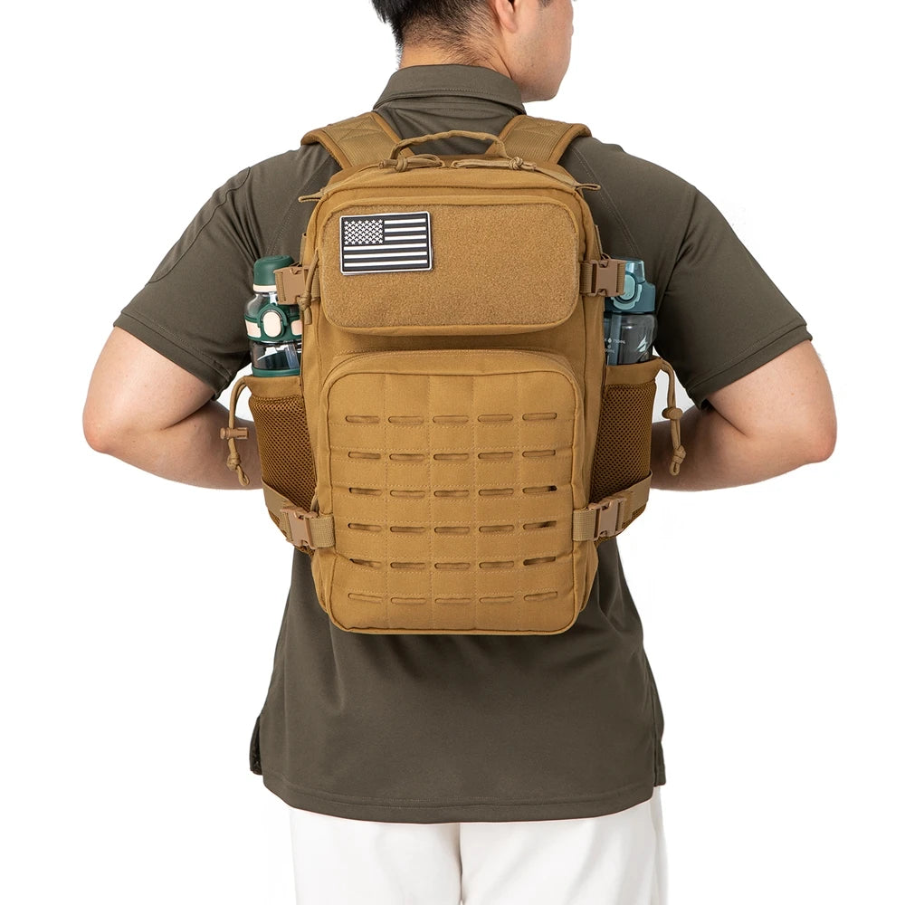 25L Tactical Gym & Survival Backpack – MOLLE Laser-Cut Daypack with Dual Cup Holders for Hiking, Hunting & Bug-Out Use