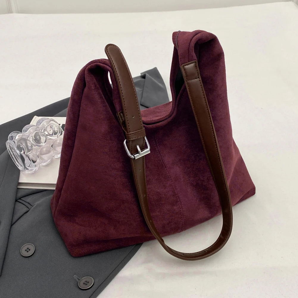 Women’s Suede Shoulder Crossbody Bag – Large-Capacity Vintage Tote Satchel with Adjustable Strap, Solid Color Casual Purse