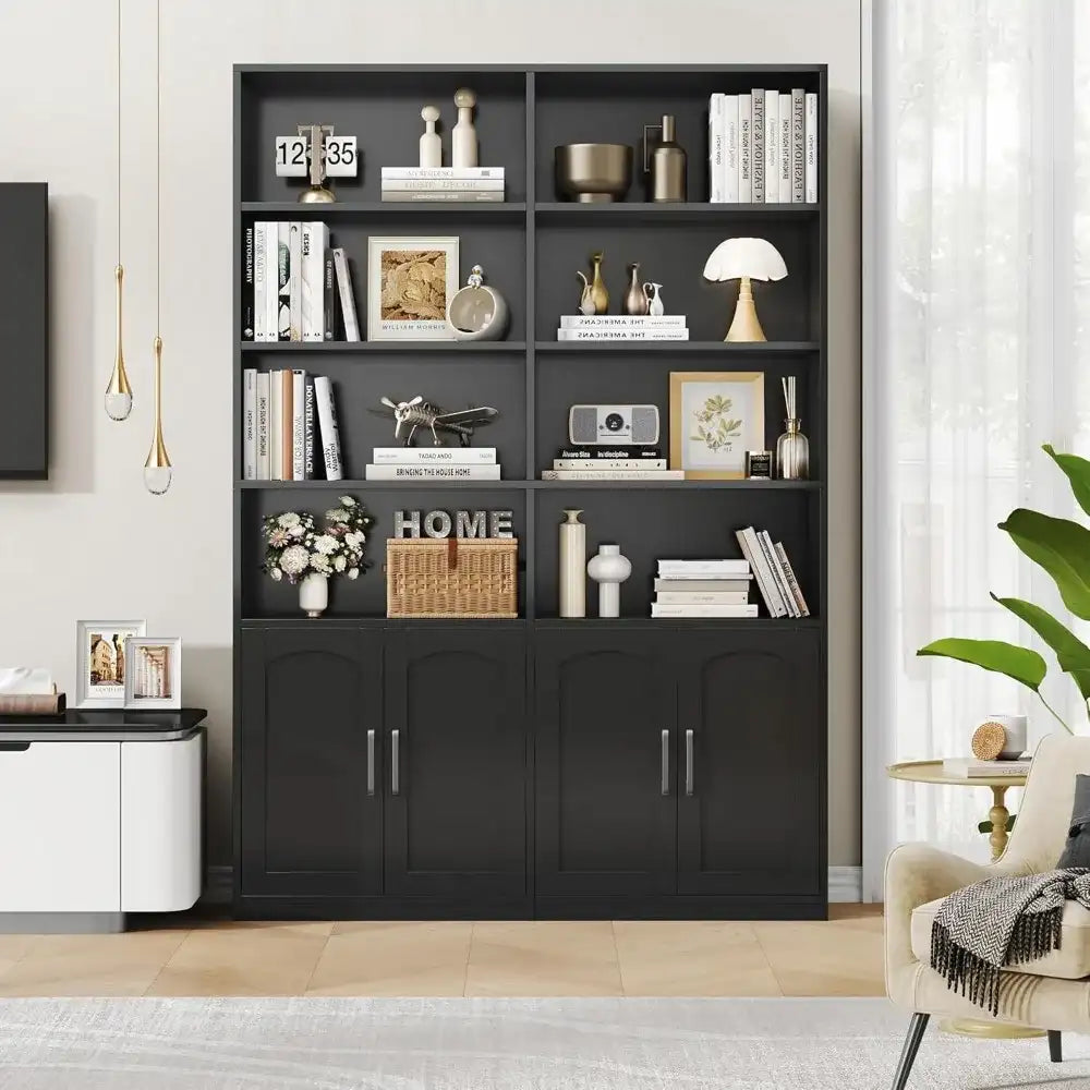 6-Tier Double-Wide Bookshelf & Bookcase with Doors – Large 73″ Tall Open Display Shelves + Storage Cabinets
