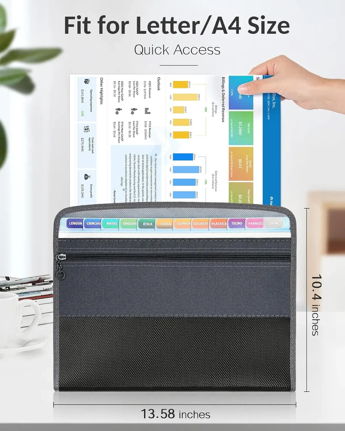Expandable File Organizer with Security Zipper – 12-Pocket Document Folder with Front Pen Holder for Office & School