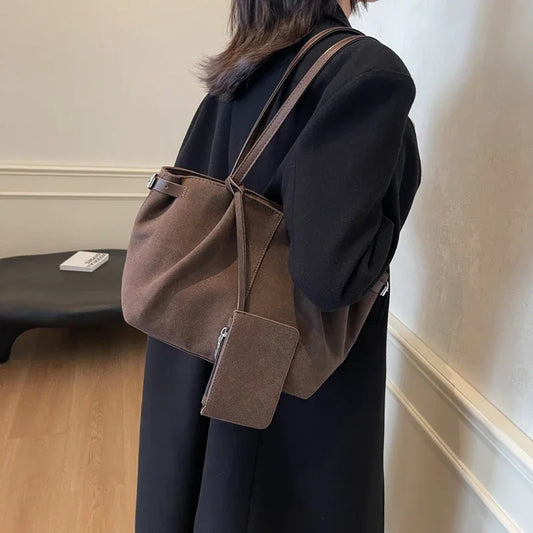 Women’s Suede Tote Bag with Inner Pocket – Solid Color Under-Arm Satchel for Work & Travel