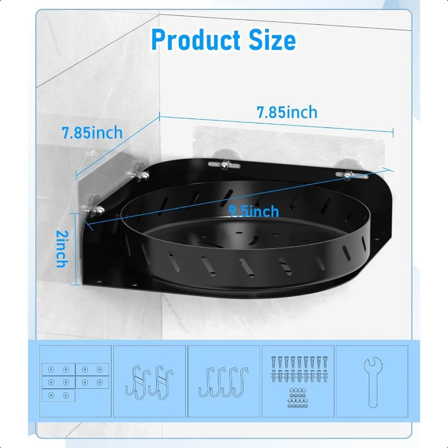 360° Rotating Corner Shower Caddy Shelf with 6 Hooks (2-Pack) – Rust-Proof Stainless Steel Organiser