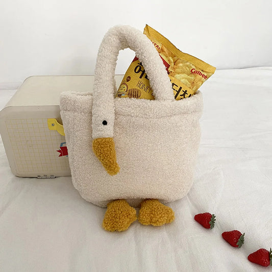 Women’s plush cartoon goose tote bag – soft casual fashion handbag, cute portable purse with adjustable strap for shopping & parties