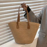 Large Capacity Woven Beach Tote Bag – Casual Solid-Colour Shoulder Bag for Women
