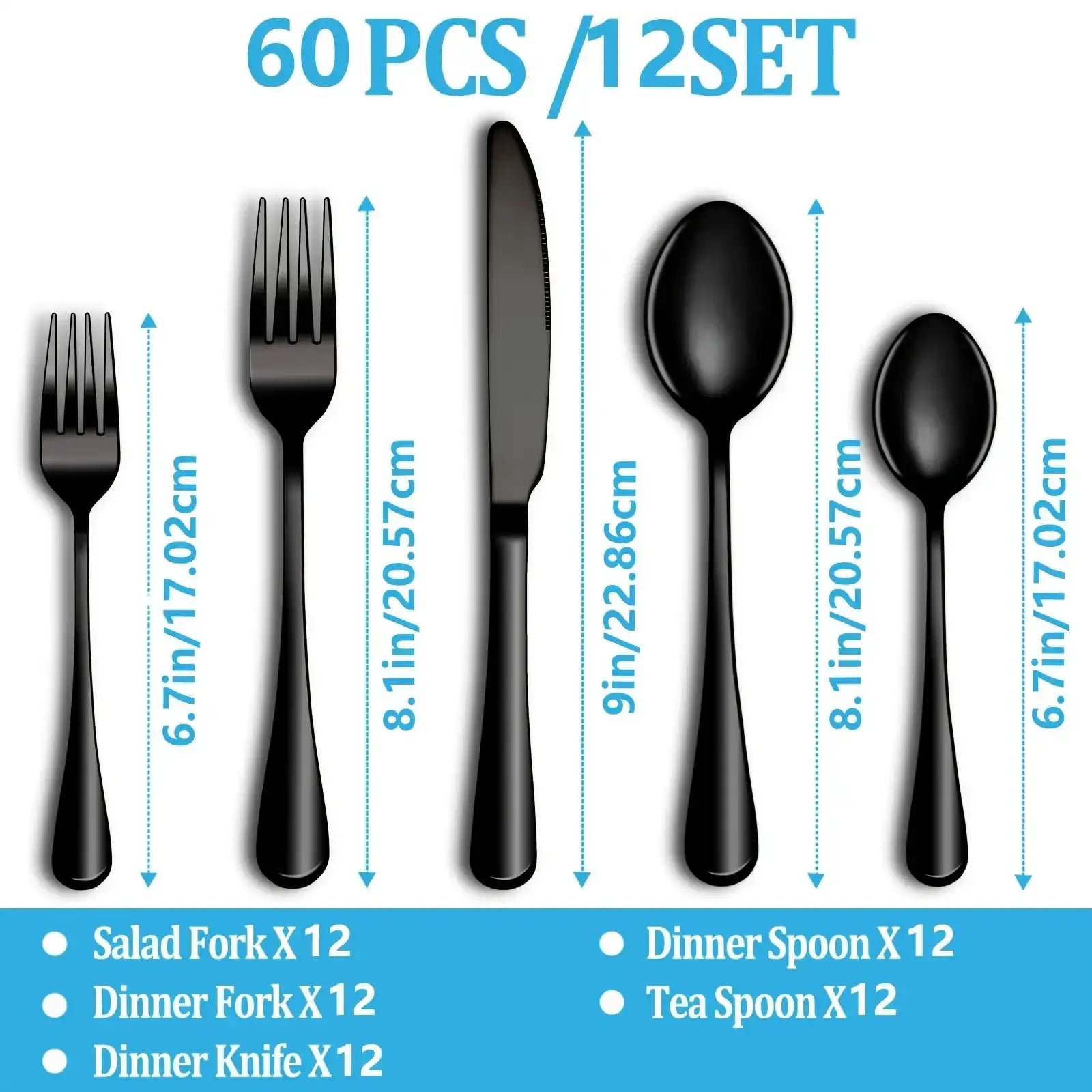 60-Piece Stainless Steel Flatware Set for 12 – Mirror-Polished Cutlery Service Includes Knives, Forks & Spoons (Black Handle Accent)