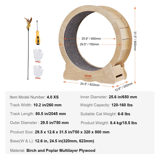 VEVOR Cat Exercise Wheel – Natural Wood Silent Running Treadmill with Detachable Carpet, Roller Wheel for Pet Fitness (
