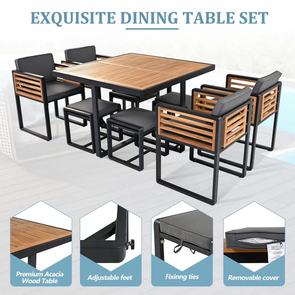 “9-Piece Acacia Wood Patio Dining Set – Space-Saving Outdoor Table, 4 Cushioned Chairs & 4 Ottomans with Square Table”