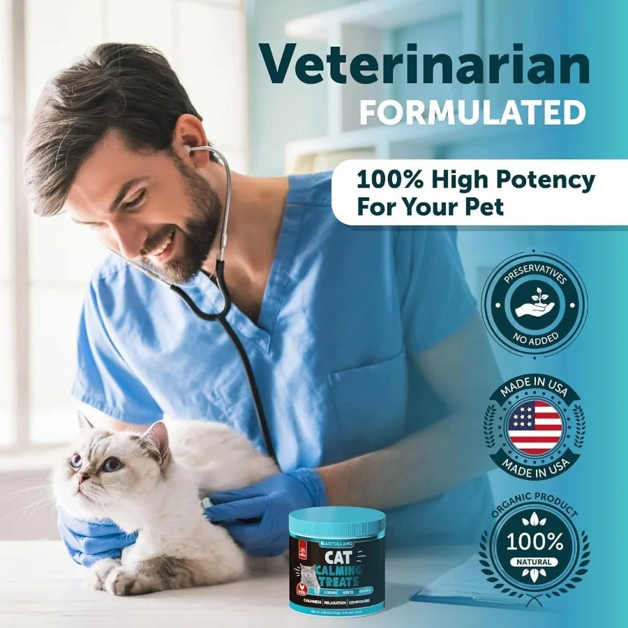 Hemp Cat Calming Treats – Anxiety & Stress Relief with Melatonin for Kittens & Cats, Made in USA, 60ct Jar