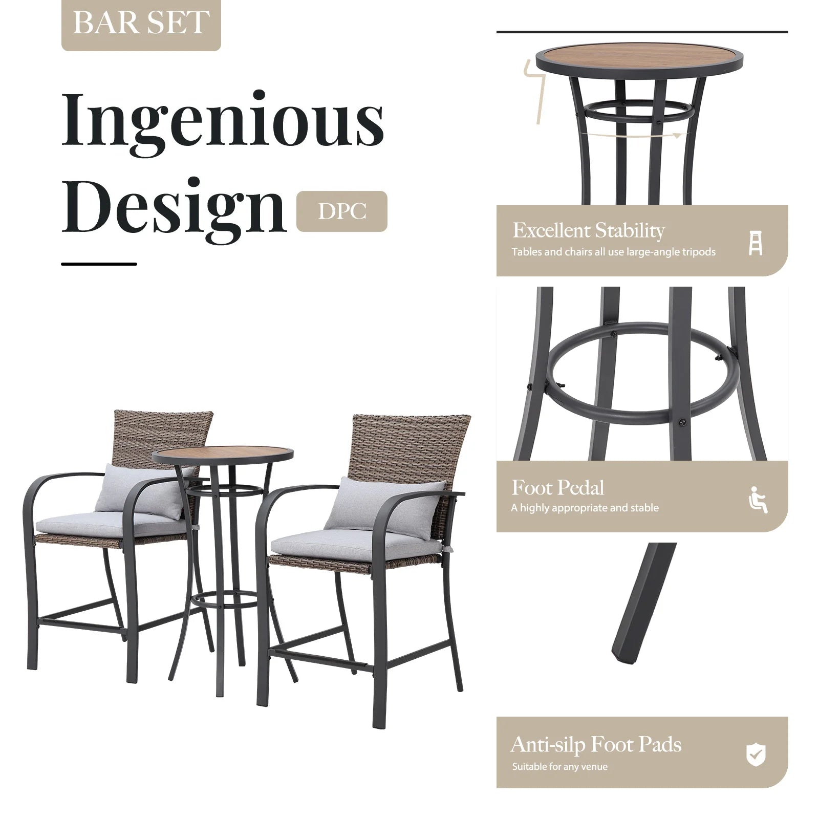 “3-Piece Patio Bar Set – Rattan Wicker Outdoor Furniture with Cushioned Stools & High Table for Backyard, Deck & Poolside”