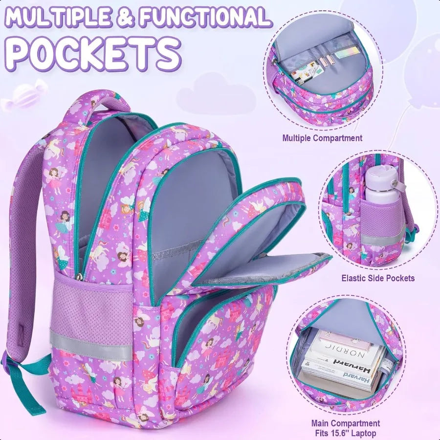 3-Piece School Backpack Set for Girls – Waterproof Cute Bookbag with Lunch Box & Pencil Case | Preschool & Kindergarten Bag