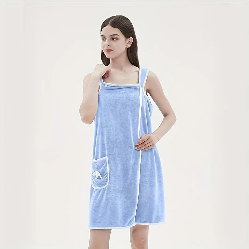 Wearable Coral Velvet Bath Towel – Soft Quick-Dry Bath Dress with Pockets & Bow Design | Absorbent Spa Robe for Women