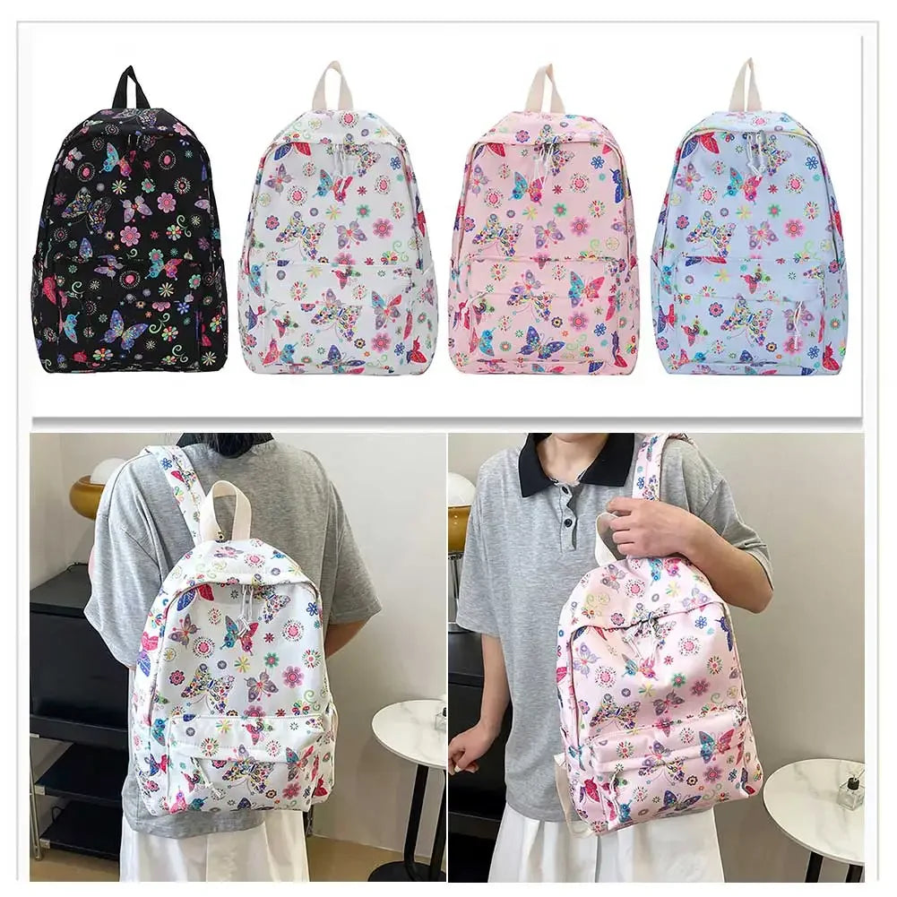Butterfly Print Nylon School Backpack – Large Capacity Floral Student Book Bag for Daily & Outdoor Use