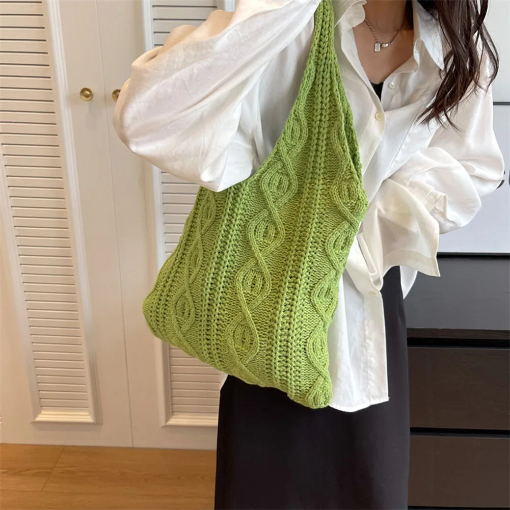 Wool-Knitted Shoulder Shopping Bag for Women – Vintage Cotton Cloth Tote, Large Crochet-Style Shopper Handbag