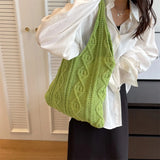 Wool-Knitted Shoulder Shopping Bag for Women – Vintage Cotton Cloth Tote, Large Crochet-Style Shopper Handbag
