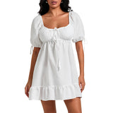 Maternity Plaid Dress – Short Pregnancy Outfit with Puff Sleeves, Sweetheart Neckline, Ruffled Hem & Loose Fit Design