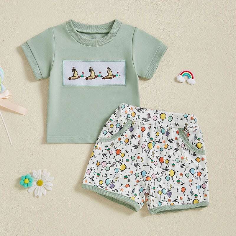 Duck Embroidered Short-Sleeve T-Shirt & Elastic Waist Shorts 2-Piece Set for Toddler Boys (Ages 3-7)