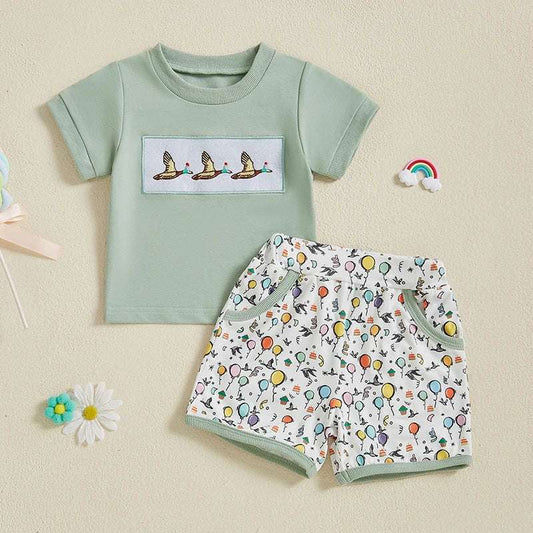 Duck Embroidered Short-Sleeve T-Shirt & Elastic Waist Shorts 2-Piece Set for Toddler Boys (Ages 3-7)