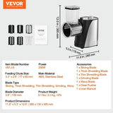 Electric Cheese Grater & Vegetable Chopper – 5 Stainless Steel Attachments, 250W Powerful Kitchen Cutter