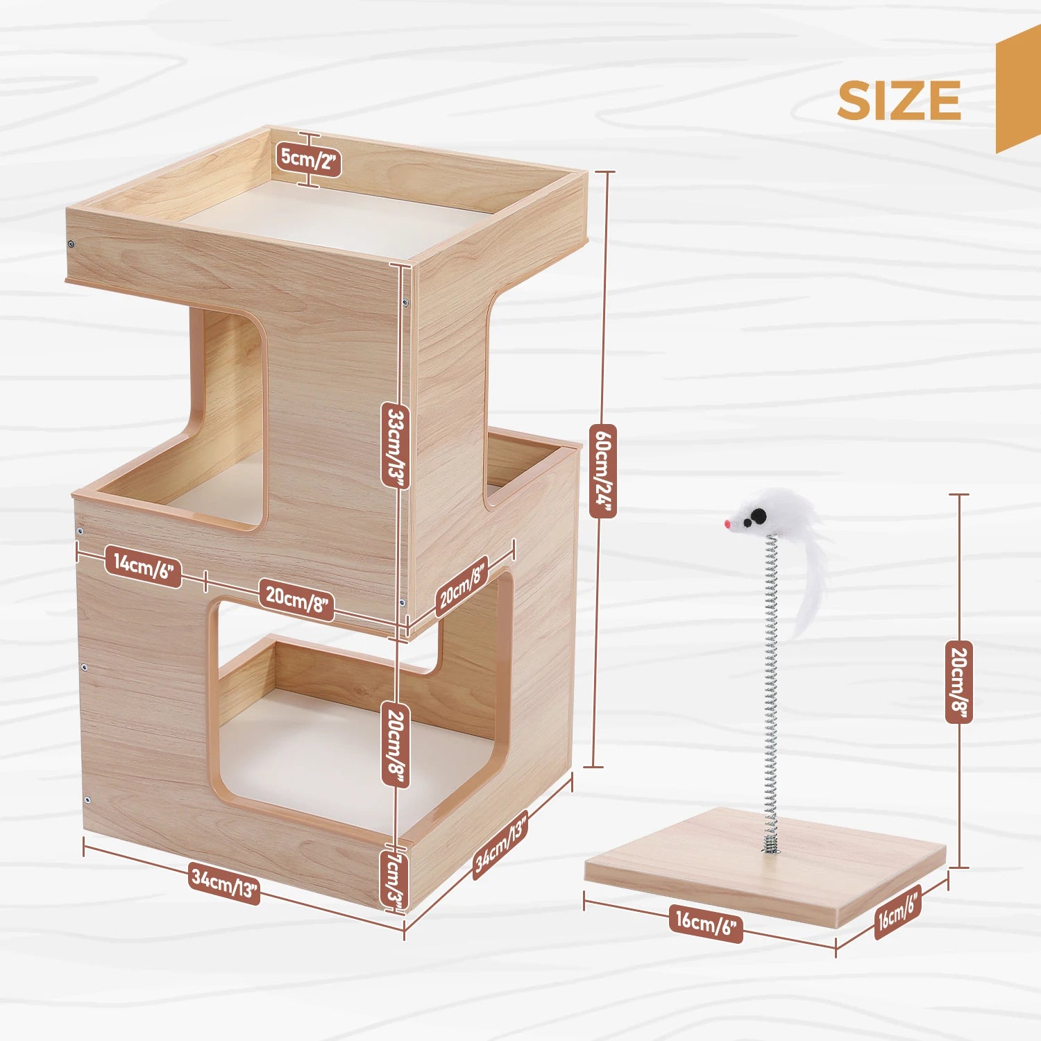 Cat Bed with Two Large Condos – Wooden Cat Condo House with Scratching Pad, Detachable Scratcher & Plush Mats, Cat Furniture
