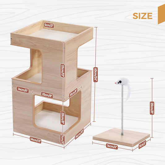 Cat Bed with Two Large Condos – Wooden Cat Condo House with Scratching Pad, Detachable Scratcher & Plush Mats, Cat Furniture